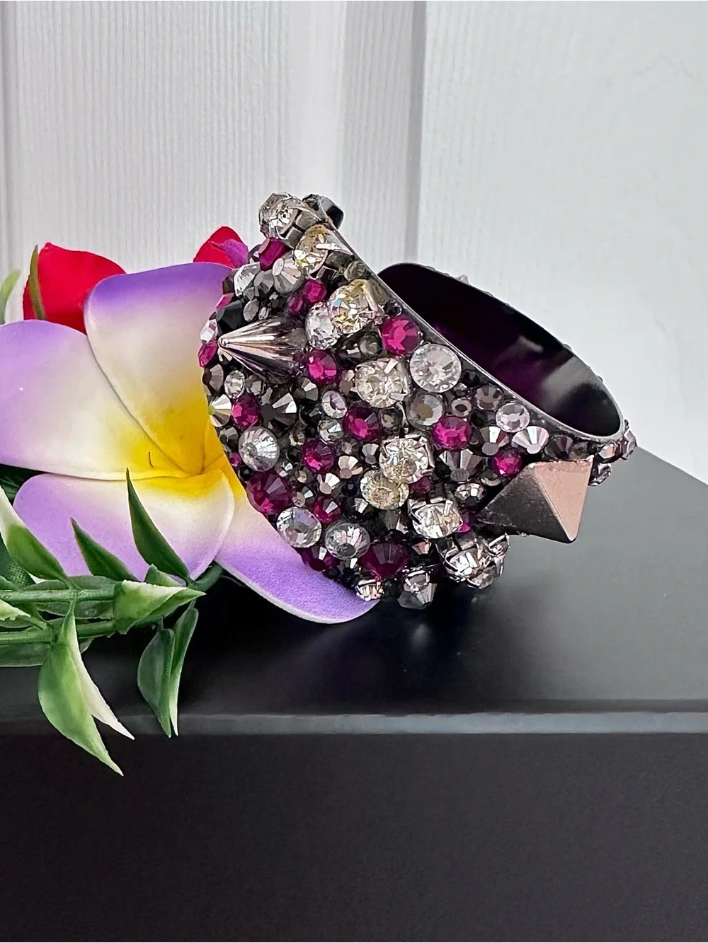 CUFF BRACELET ~ Studded Pink Silver Gray and Black Cuff w/Swarovski Crystals